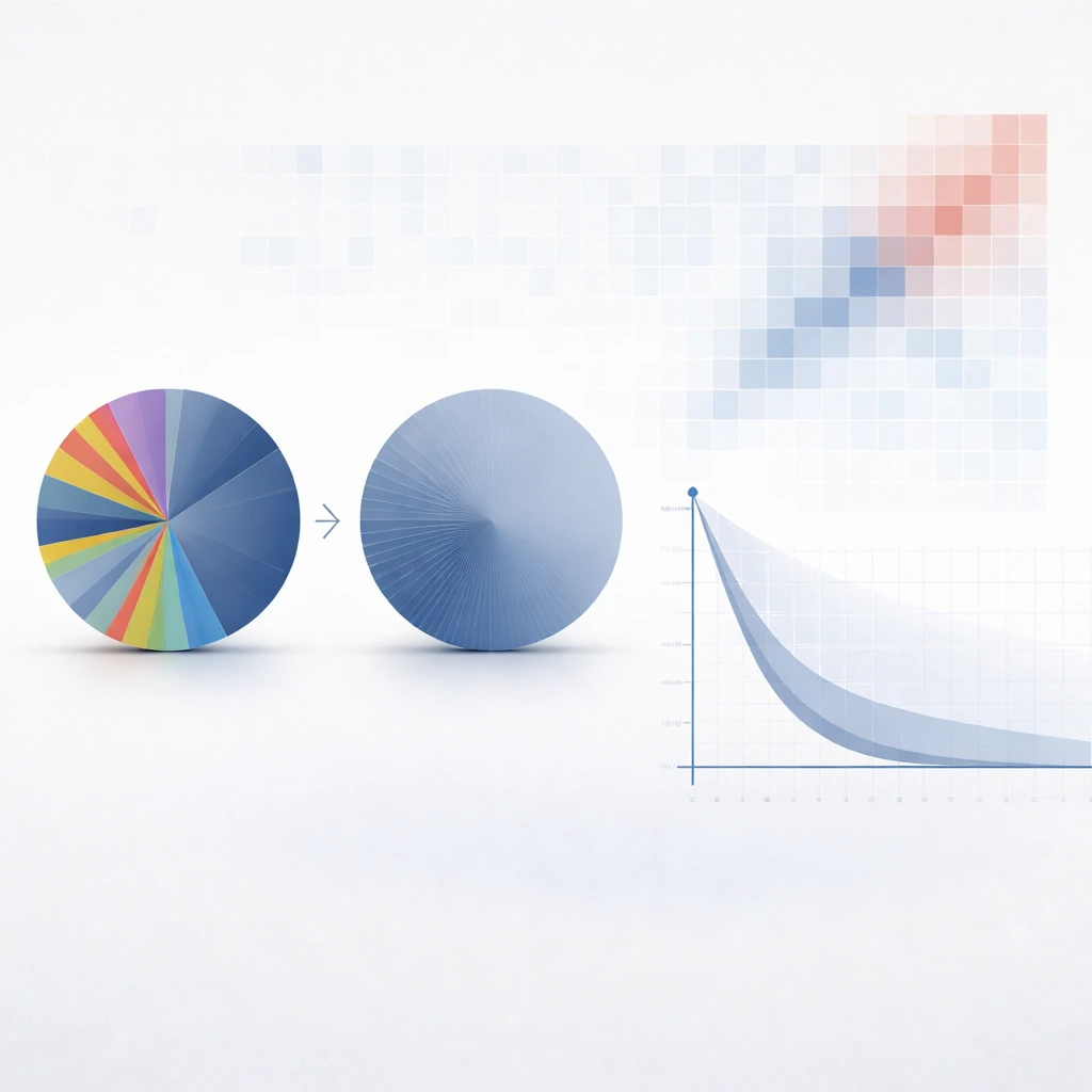 Visualization of a portfolio with too many overlapping slices and a flattened risk reduction curve indicating over-diversification.