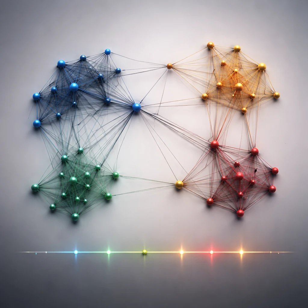 Network graph of financial positions clustered by correlation, highlighting overlapping exposures across assets and time.