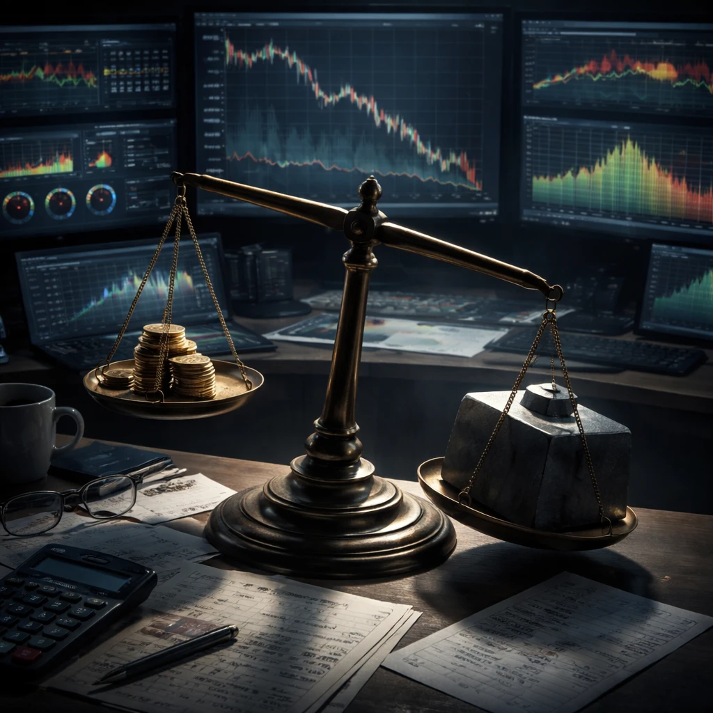 A trading desk with a tipped balance scale symbolizing excessive leverage beside monitors with volatile market charts.