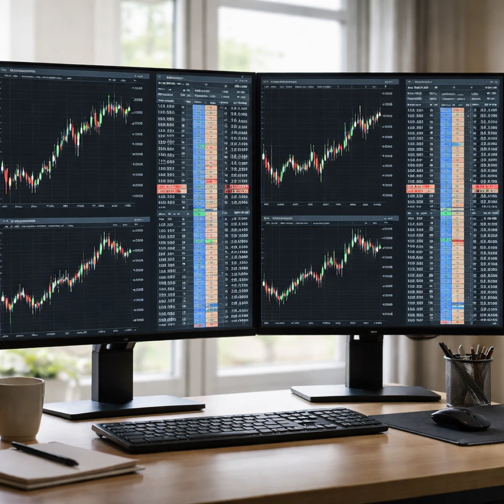 Multi-monitor trading desk showing forex price ladders with fine decimal precision for EUR/USD and USD/JPY.