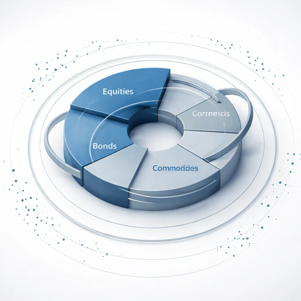 Illustration of a portfolio wheel with interconnected segments showing cross-asset correlations and exposure levels.