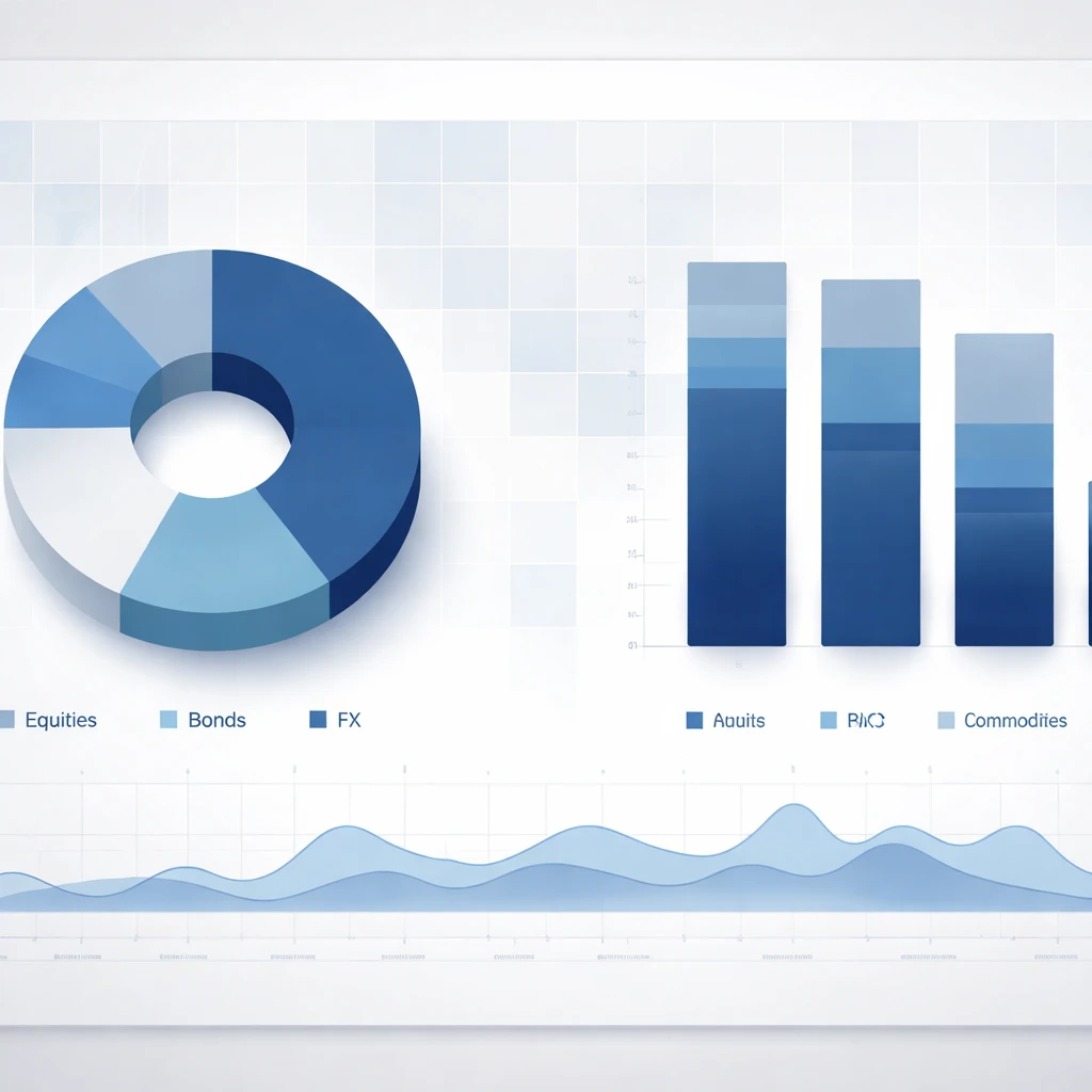 Abstract visualization of cross-asset position sizing with risk contribution bars and a correlation heatmap.