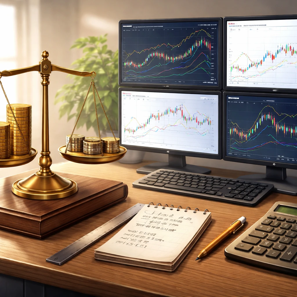 Illustration of a balanced scale beside trading monitors, symbolizing the relationship between position size and account capital.