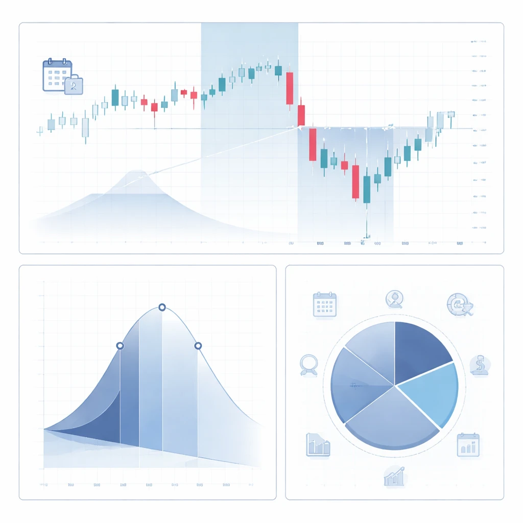 Visual concept of position sizing around an event window with gap risk, probability curve, and risk budget allocation.