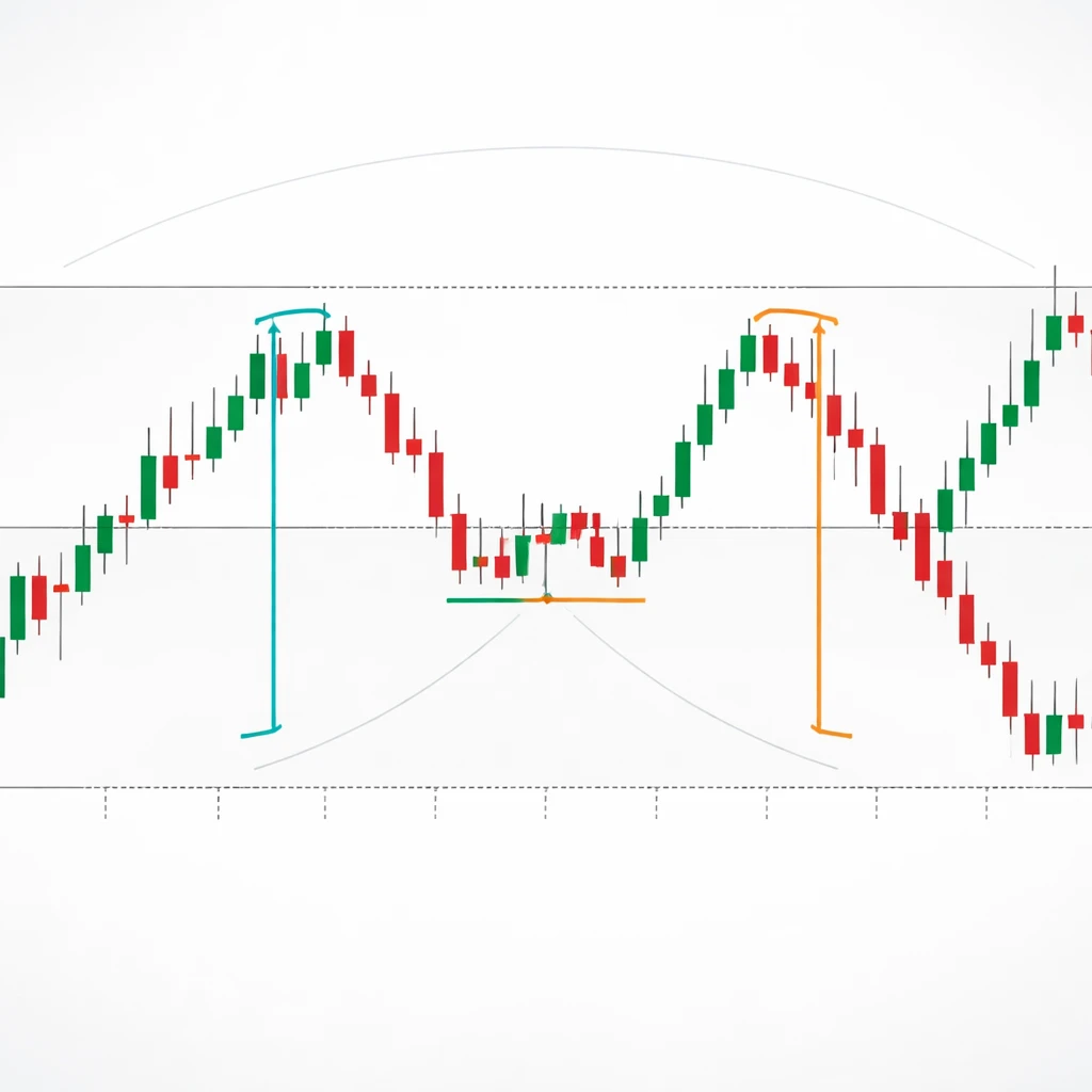 Candlestick chart illustrating equal-leg moves and mirrored swing symmetry with channels and brackets.