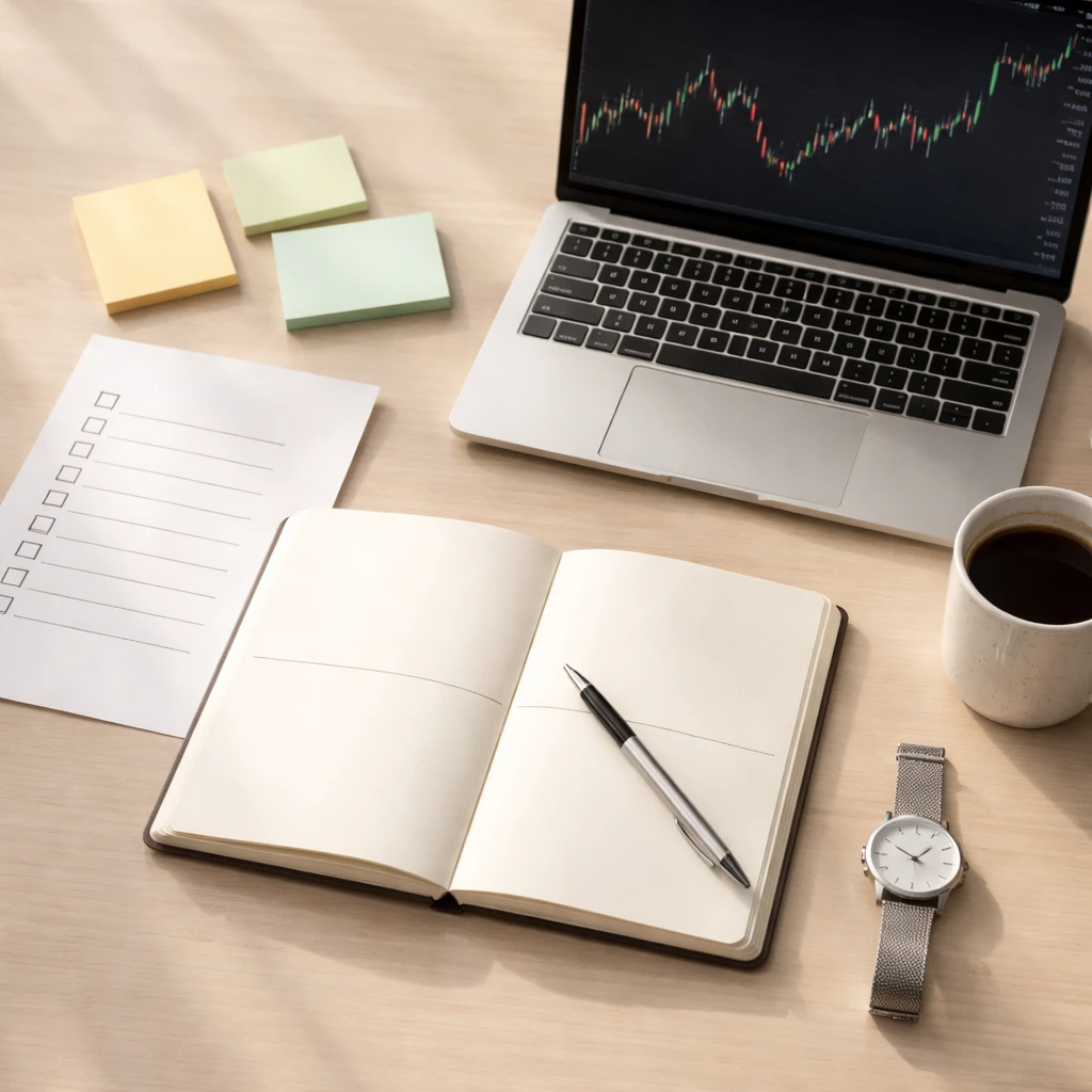 Overhead view of a tidy trading desk with an open blank journal, pen, laptop showing a generic chart, and a checklist sheet without text.