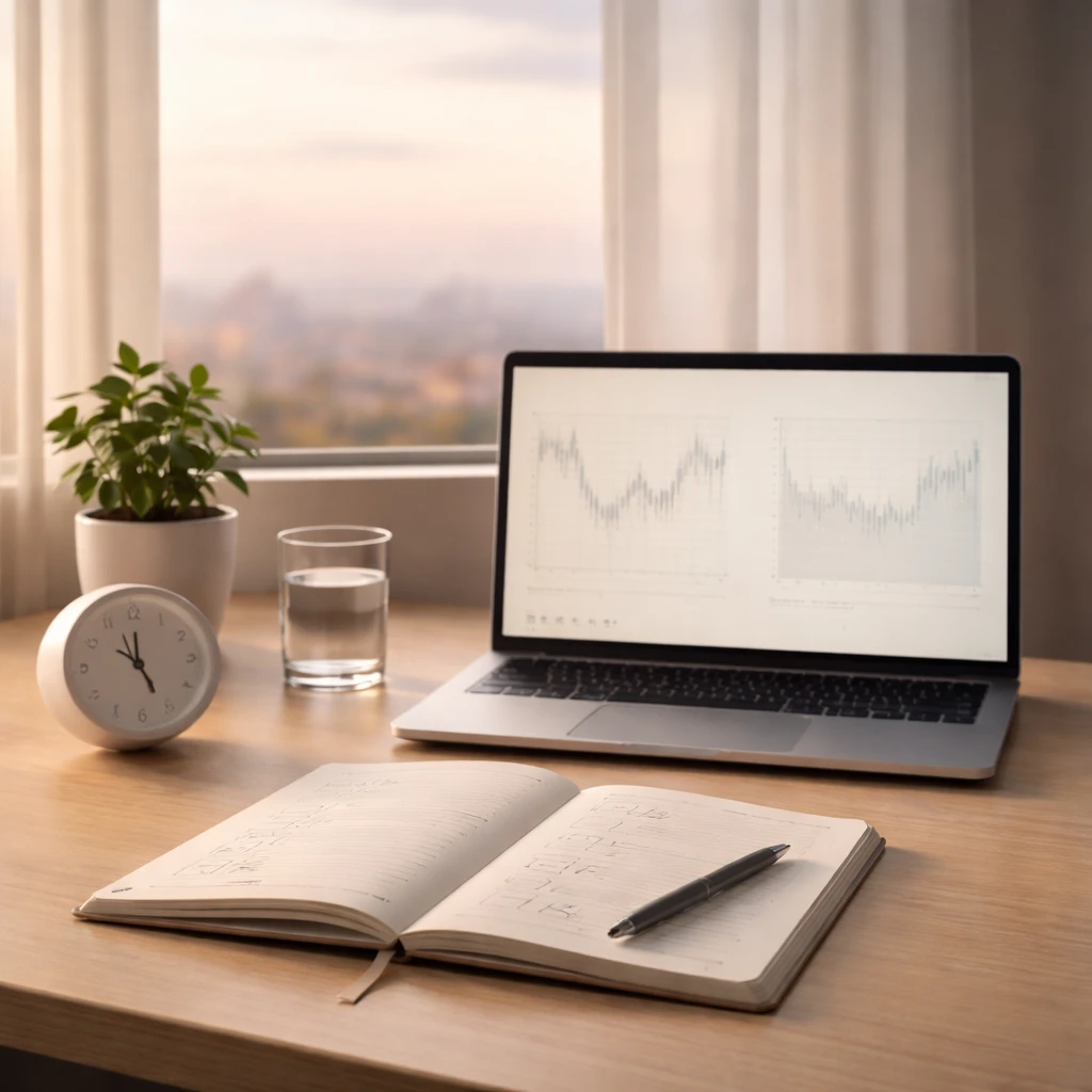 Orderly trading desk with a checklist, clock, laptop with clean charts, and soft morning light highlighting a calm process-focused workspace.