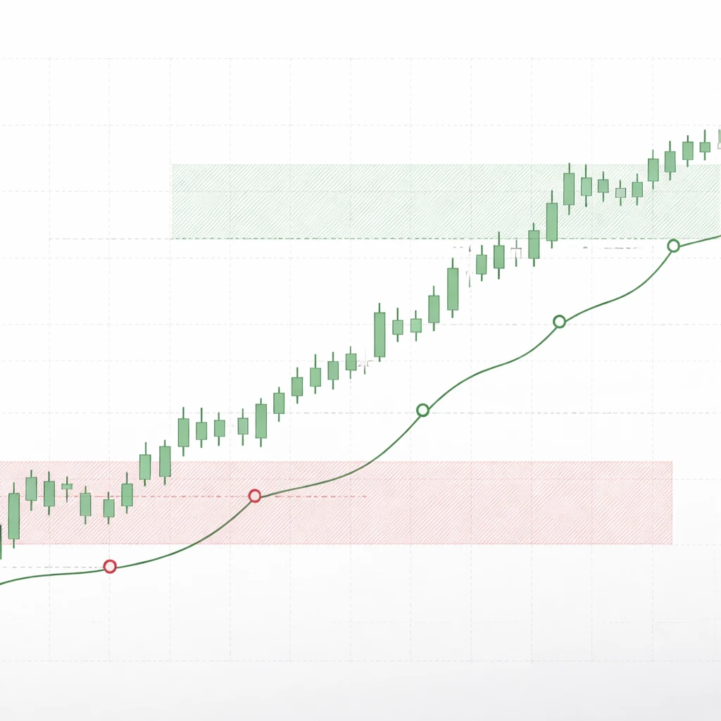 Abstract price chart with designated profit target and stop loss levels plus exit markers.