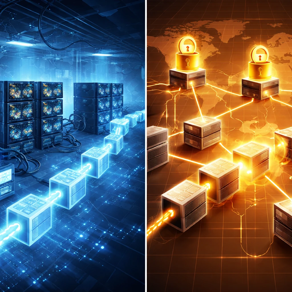 Conceptual split illustration contrasting energy-based mining for Proof of Work with stake-based validator nodes for Proof of Stake.