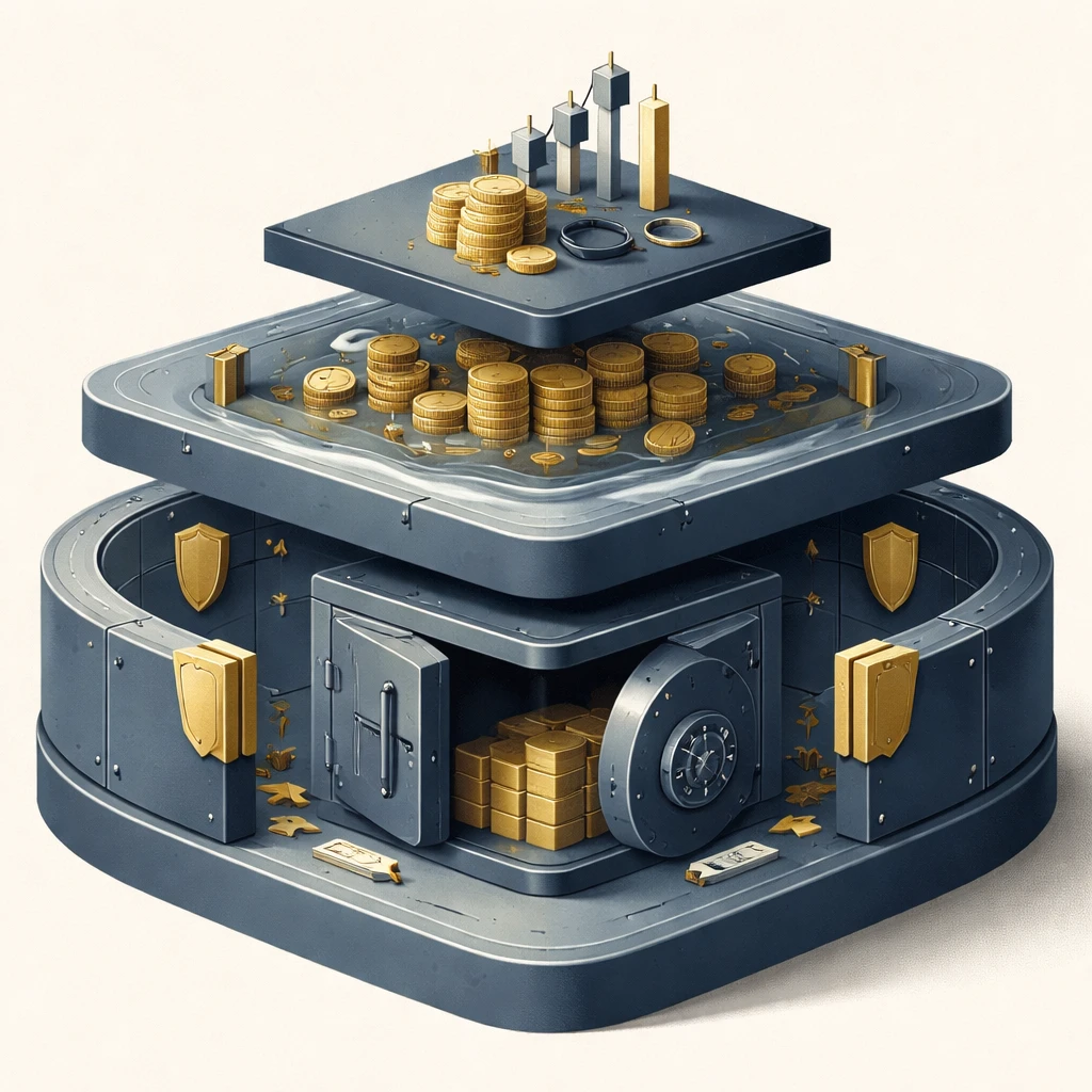 Illustration showing a layered portfolio structure with a protected core for long-term capital and a small, separate trading layer above, surrounded by buffer tiers symbolizing liquidity and diversification.