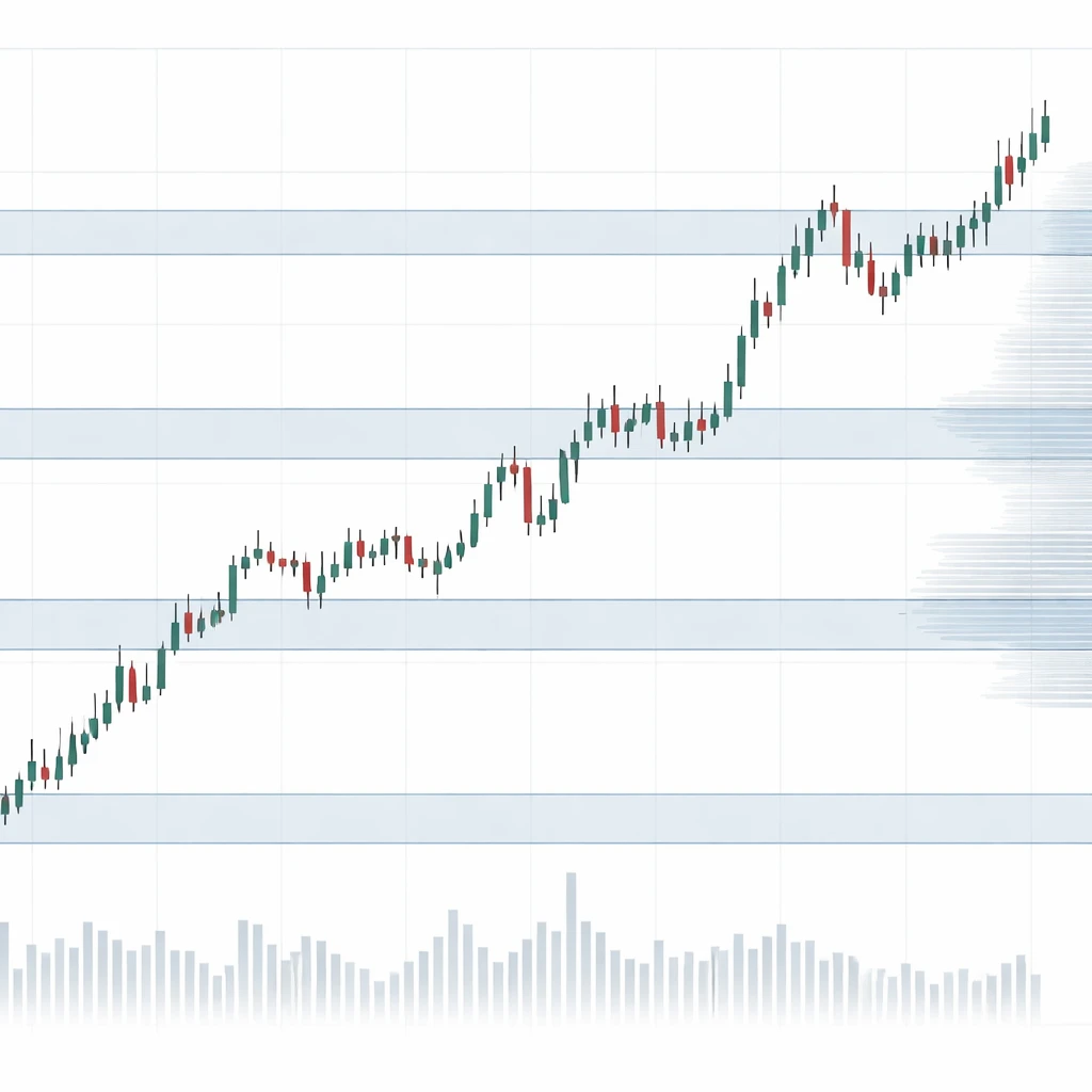 Candlestick chart interacting with horizontal round-number bands, showing pauses and wicks near those levels.