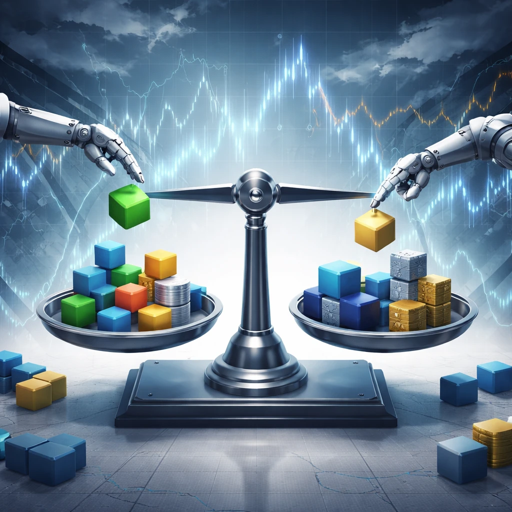 Conceptual image of a balance scale rebalancing colored blocks for different asset classes amid a turbulent market backdrop.