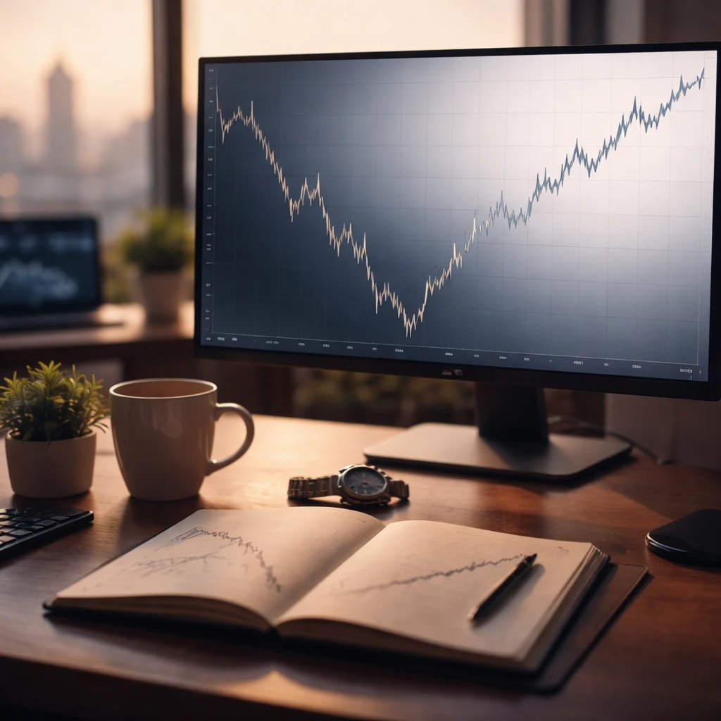 Calm trading workstation at sunrise with a chart showing a drawdown and recovery, and a notebook open for reflective review.