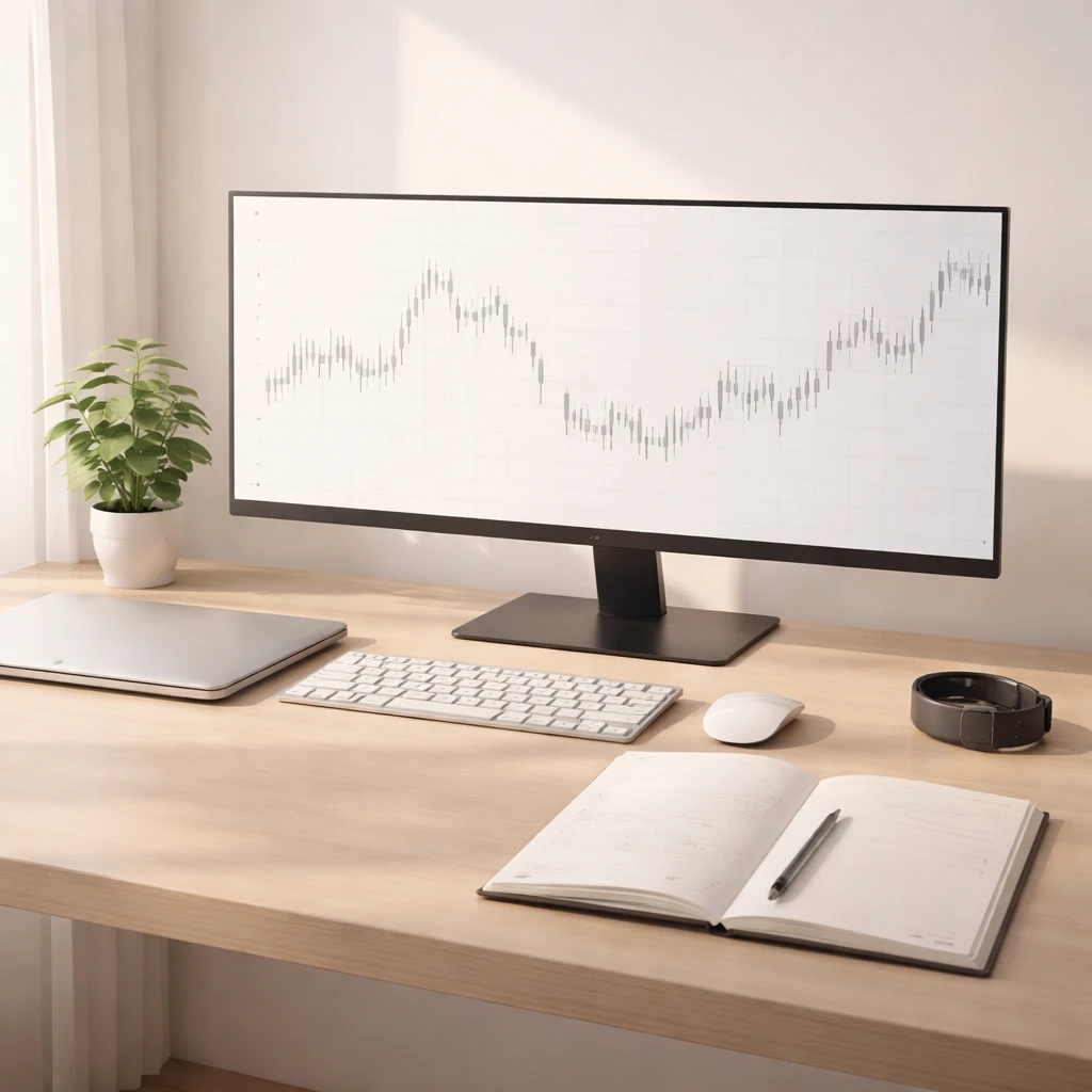 A minimalist trading desk with one monitor, a journal, a pen, and a heart-rate watch arranged neatly beside a small plant.