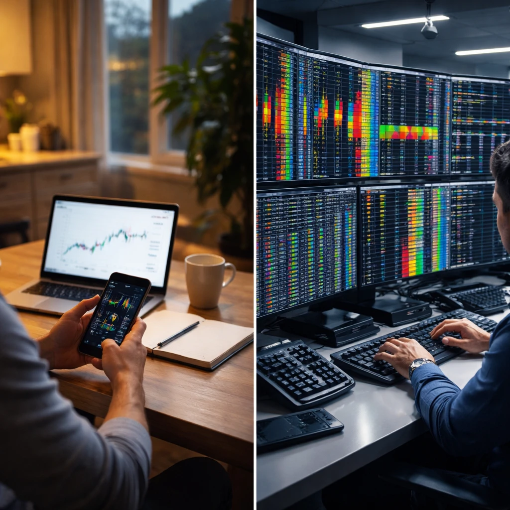 Contrasting retail and institutional trading environments, from a home setup to a multi-screen professional desk.