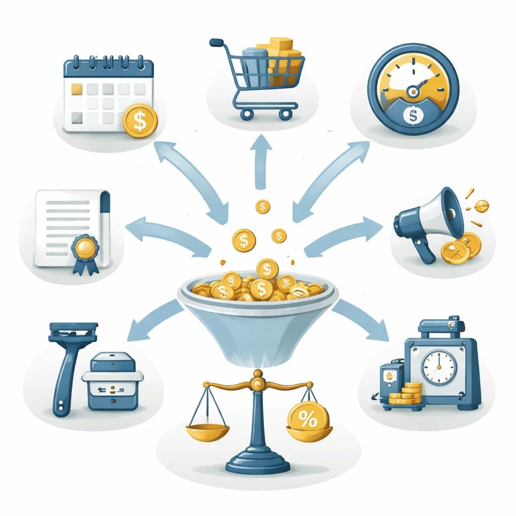 Illustration of different revenue models converging into a central cash flow stream, including icons for subscription, transactional sales, usage-based pricing, licensing, advertising, marketplaces, razor-and-blade, and leasing.