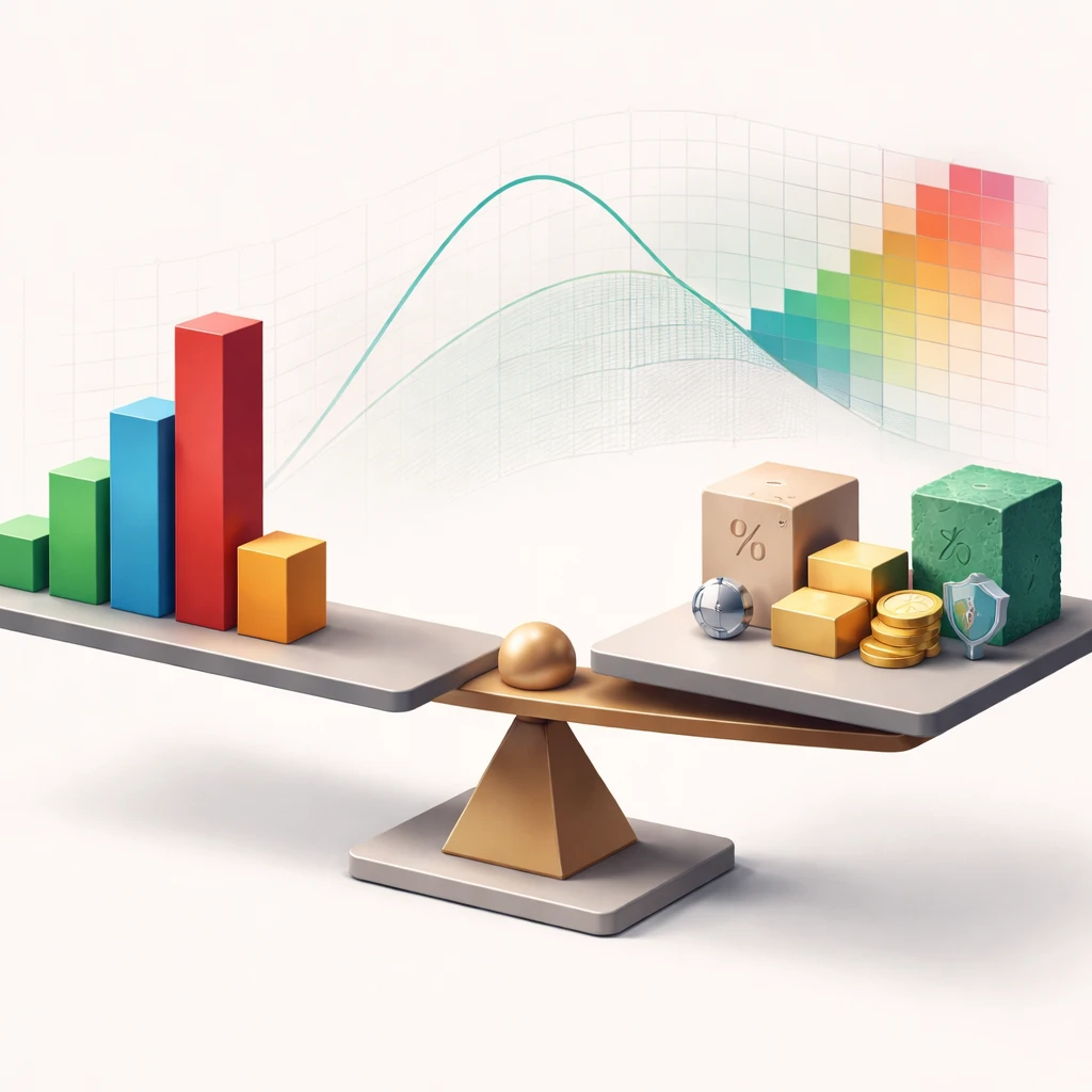 Abstract visualization of a balanced scale showing diversified asset risks with a covariance heatmap background.
