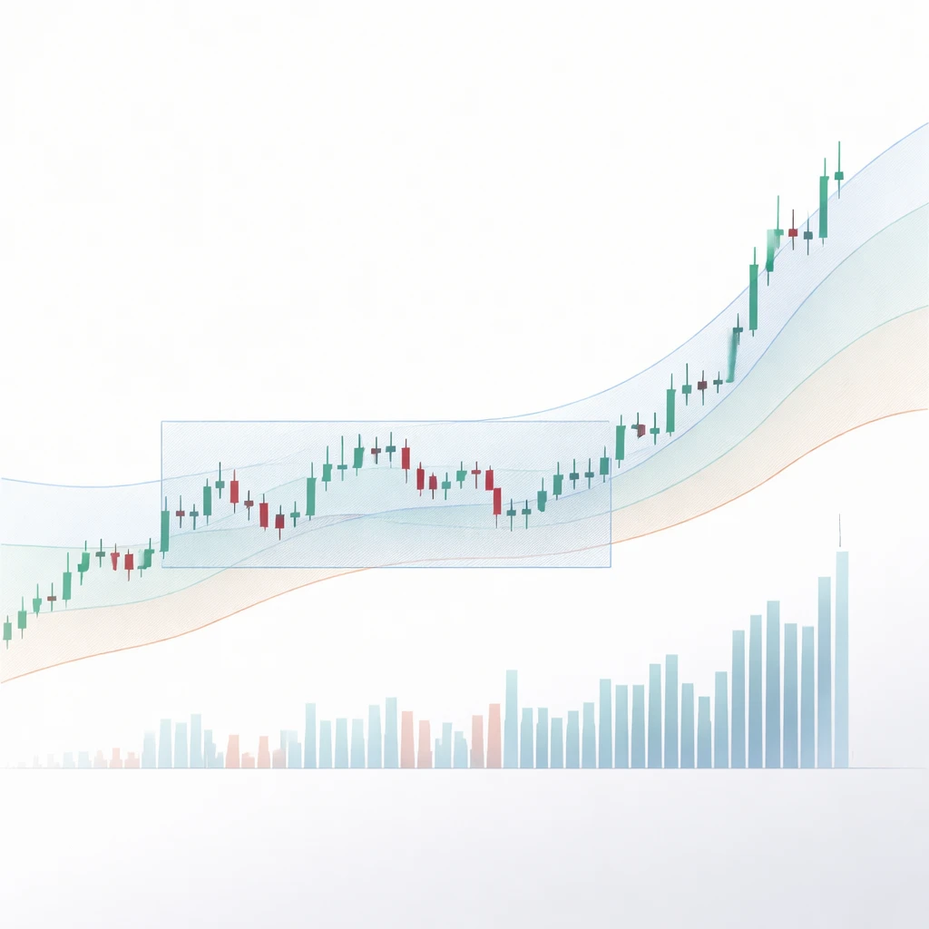 Candlestick chart showing a consolidation box and a sharp breakout with volatility bands and rising volume.