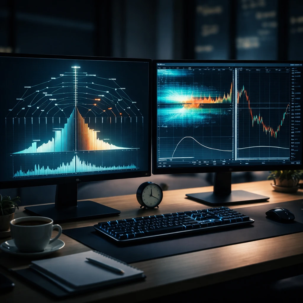 Trading desk visualization of event-driven risk with volatility spike, liquidity thinning, and a defined-risk options payoff curve.