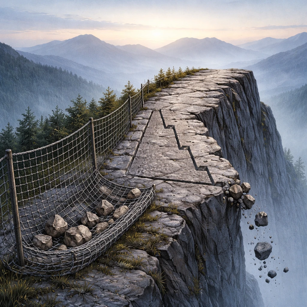 A narrow mountain ridge with a safety net along a steep drop, symbolizing how exits prevent catastrophic falls.
