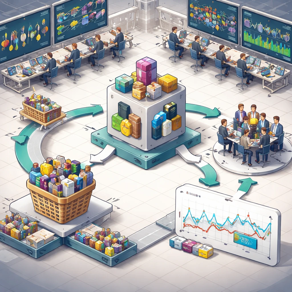 Isometric illustration showing how an ETF links exchange trading to a basket of underlying assets through authorized participants and market makers.