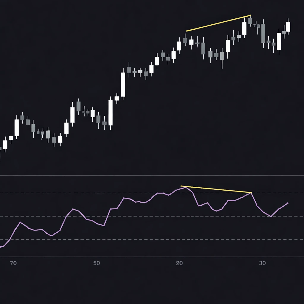 Candlestick chart with RSI oscillator below, highlighting overbought, oversold, and a divergence example.