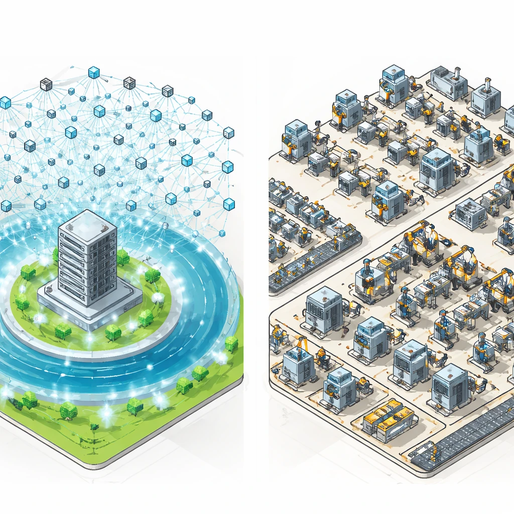 Isometric comparison of a scalable digital network and a capital-intensive factory with a protective moat around the network.