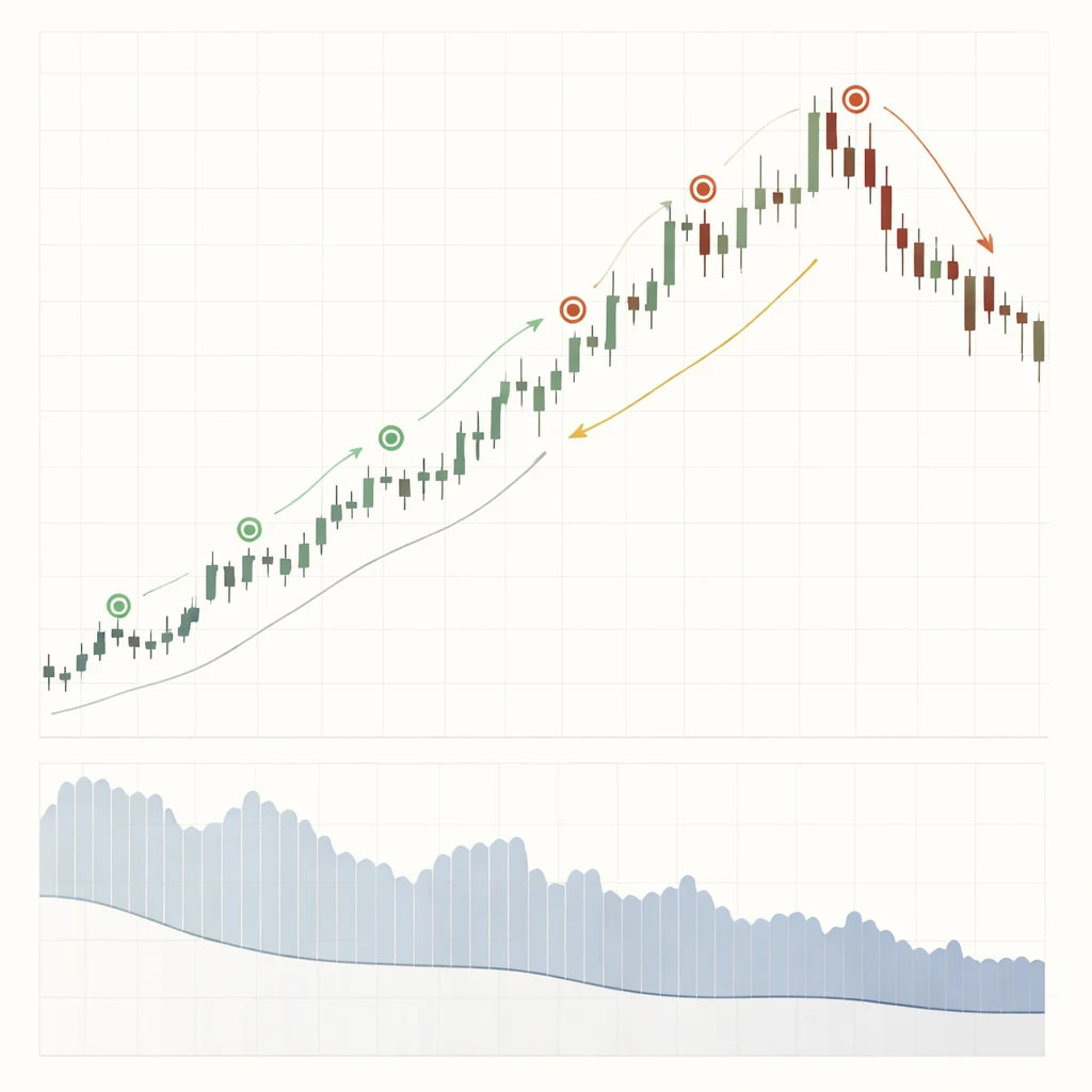 Illustration of a price chart with staged entries and partial exits that increase and then reduce position size over time.