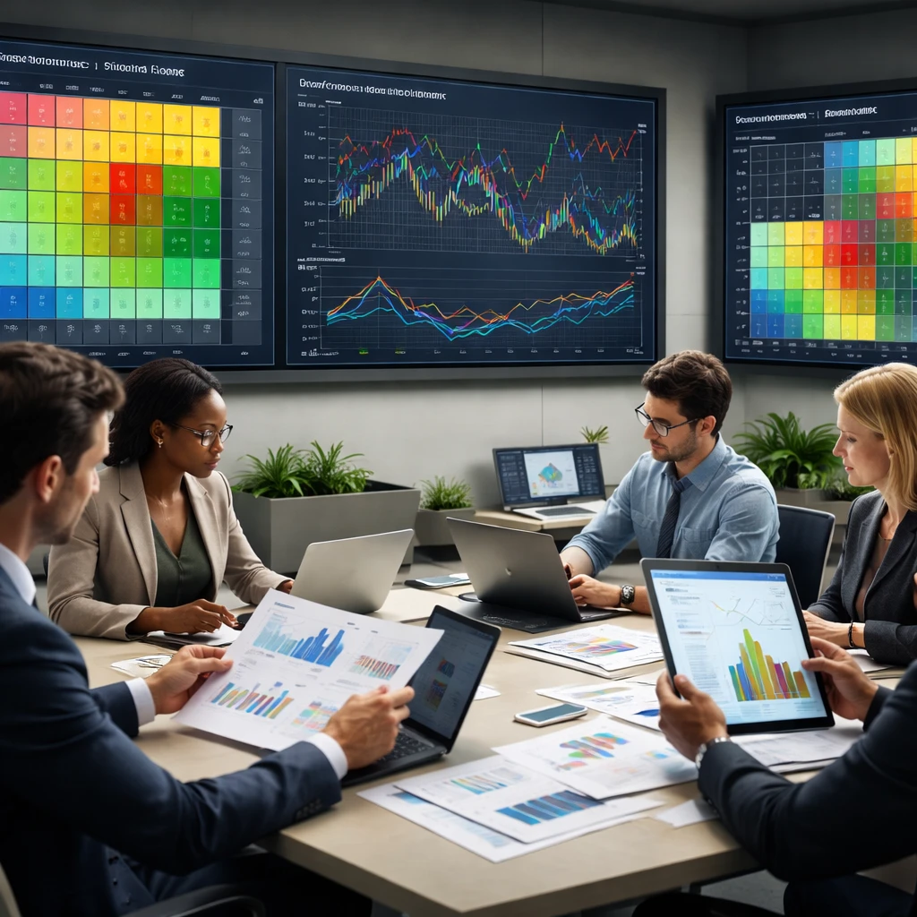 Analysts reviewing heat maps and charts of portfolio risk under various scenarios in a modern research office.