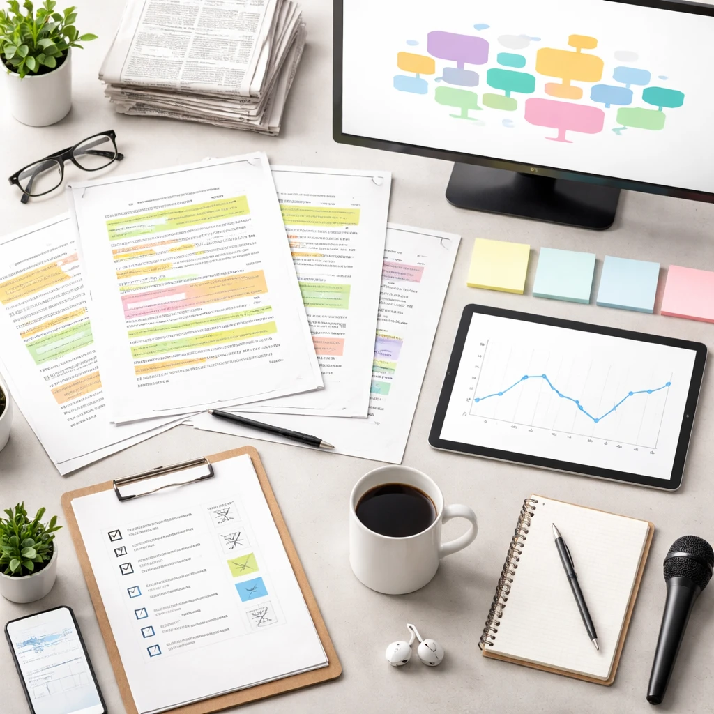 Overhead view of an analyst’s desk with documents, charts, and media elements representing sentiment analysis.