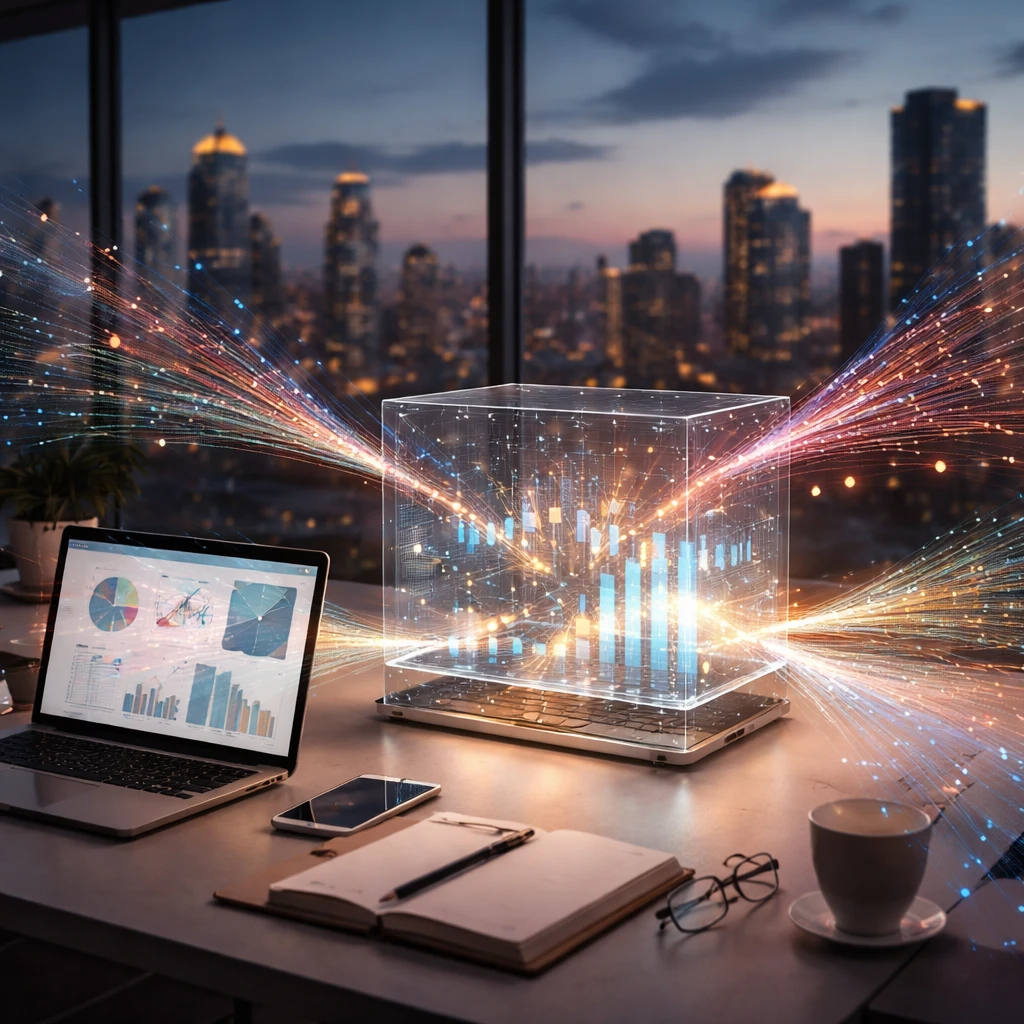 Abstract visualization of social media networks converging into a financial model on a desk with a city skyline backdrop.