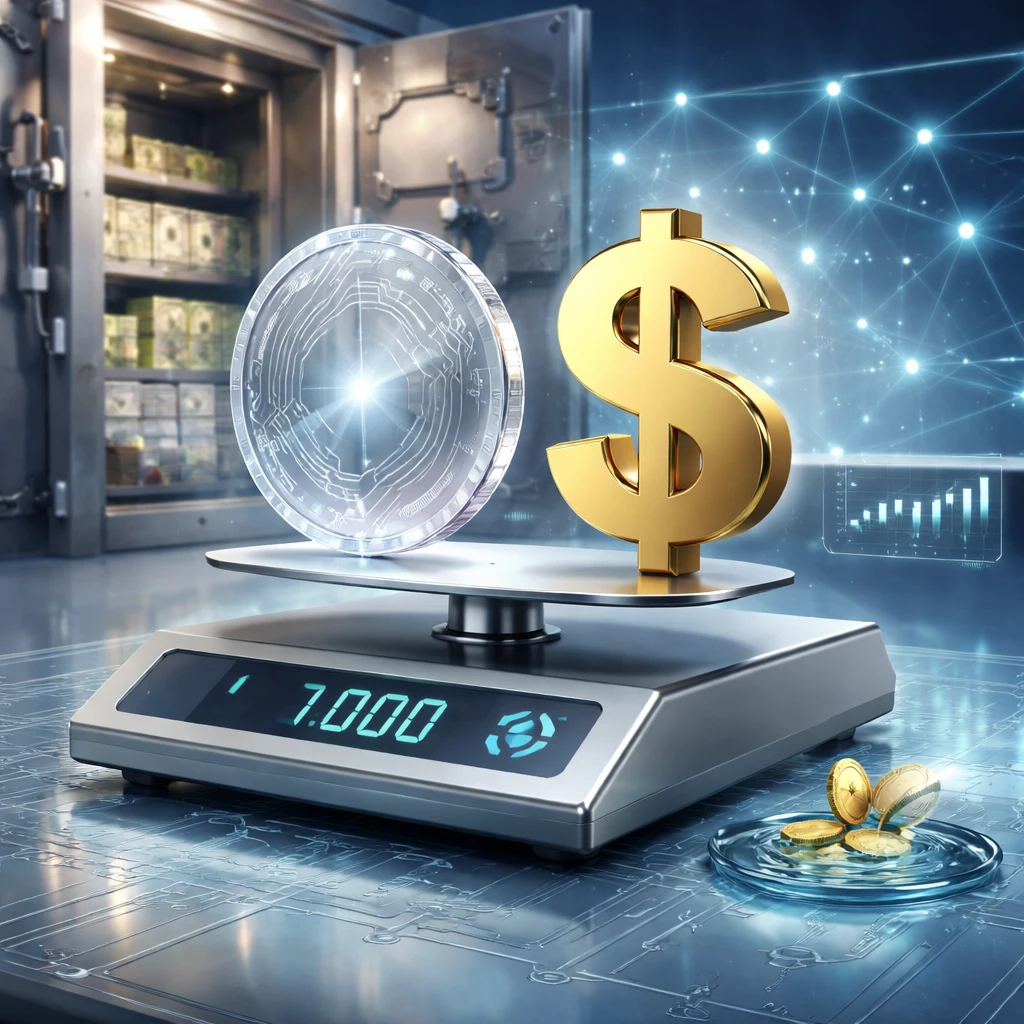 Laboratory-scale balancing a digital coin and a dollar symbol, with reserves and blockchain networks in the background, symbolizing stablecoin pegs and backing.