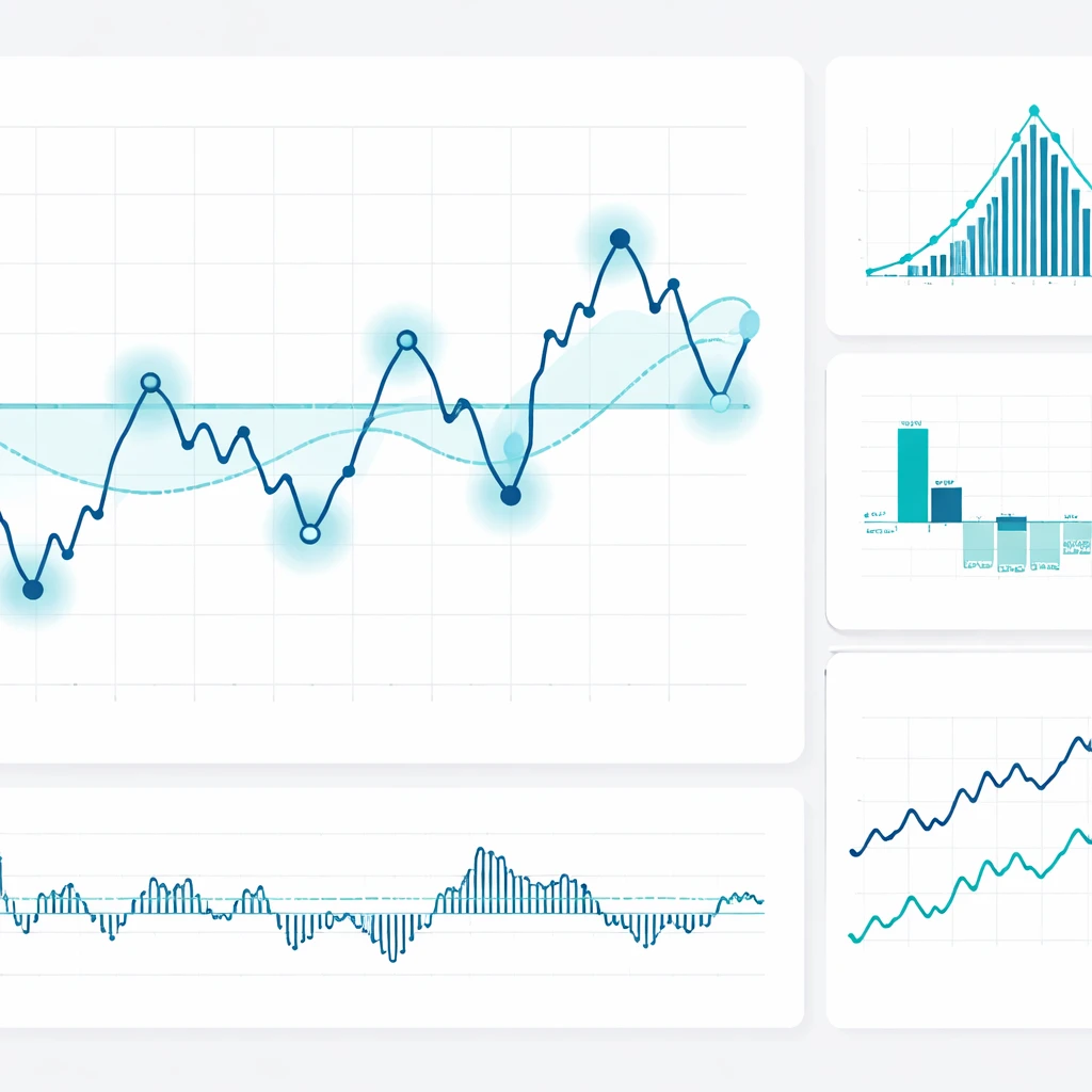 Illustration of a mean-reverting time series with standardized deviations and diagnostic insets.