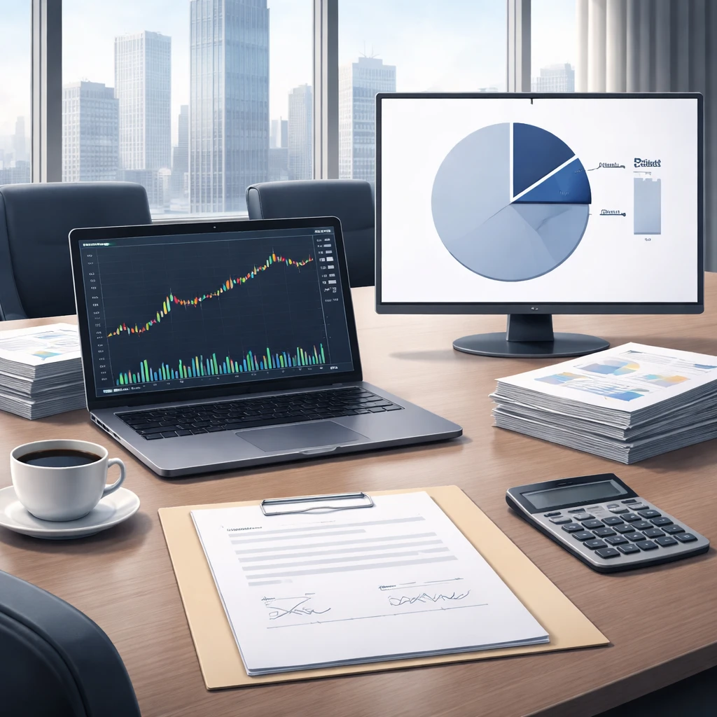 Conceptual scene of a company executing a stock repurchase program in an office setting, with charts and documents symbolizing buyback decisions.