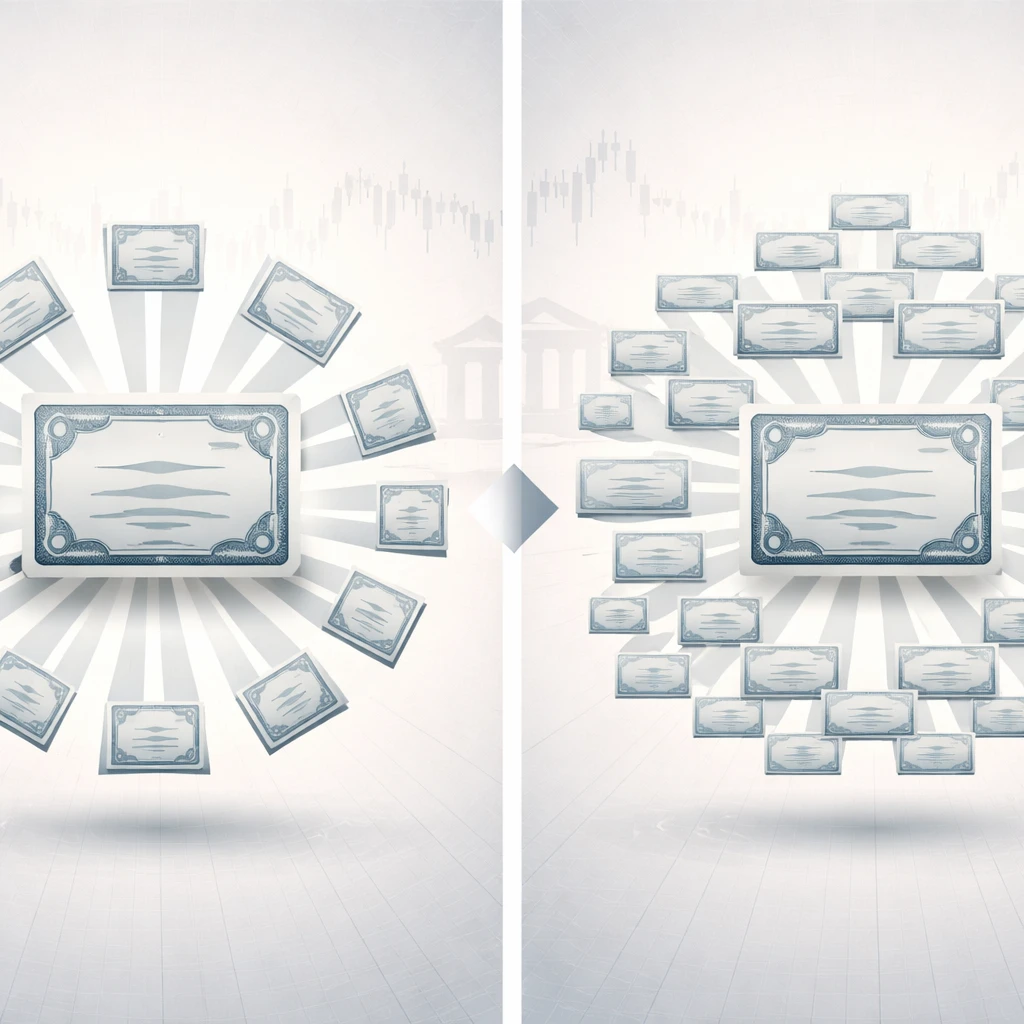 Visual depiction of a stock split and a reverse split with certificates dividing and consolidating.