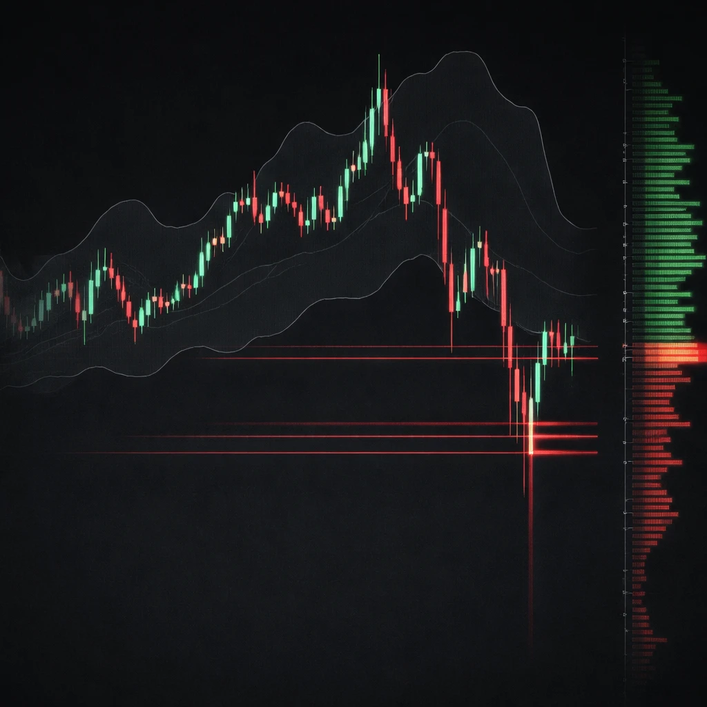 Volatile price chart with gaps and volatility bands, highlighting different stop-loss levels and thin liquidity.