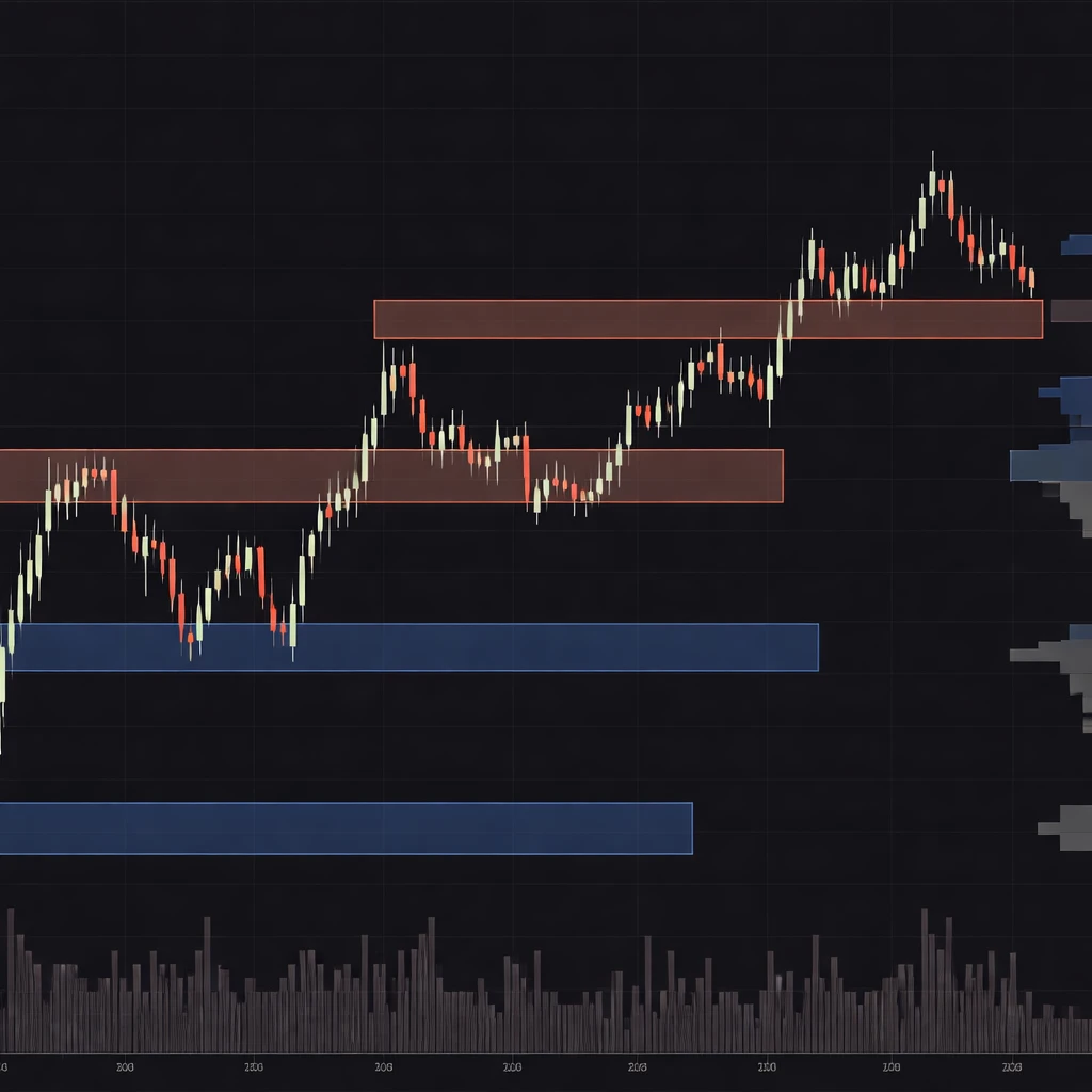 Candlestick chart with shaded horizontal bands marking support and resistance zones and a side volume profile.
