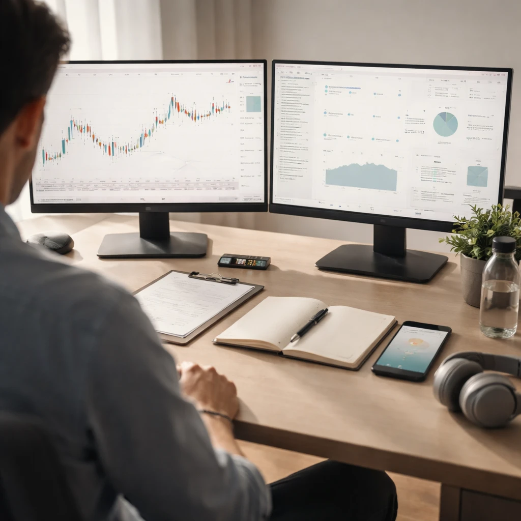 A focused trader at a minimalist workstation with checklists, a notebook, and clean screens arranged for a disciplined routine.