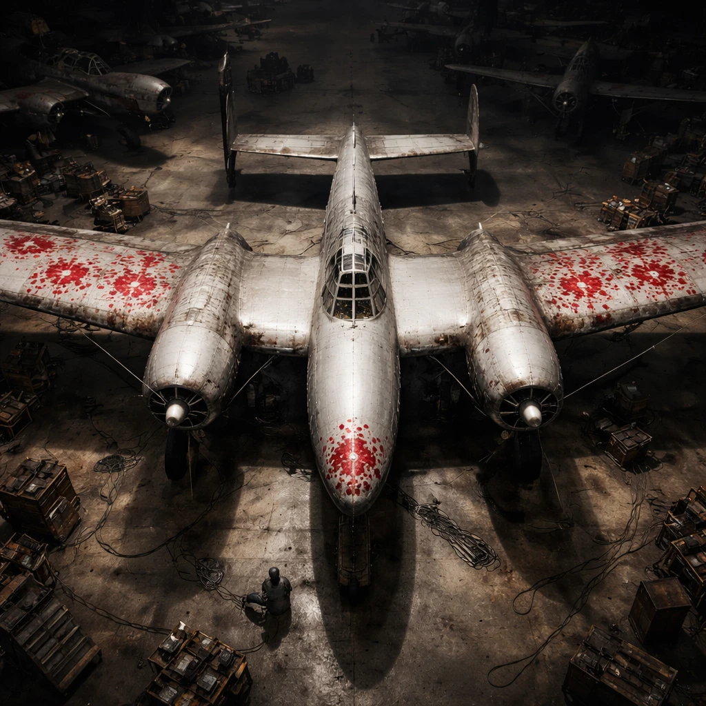 Overhead view of a WWII aircraft with clustered damage marks on noncritical surfaces, leaving engine and cockpit areas unmarked to illustrate survivorship bias.