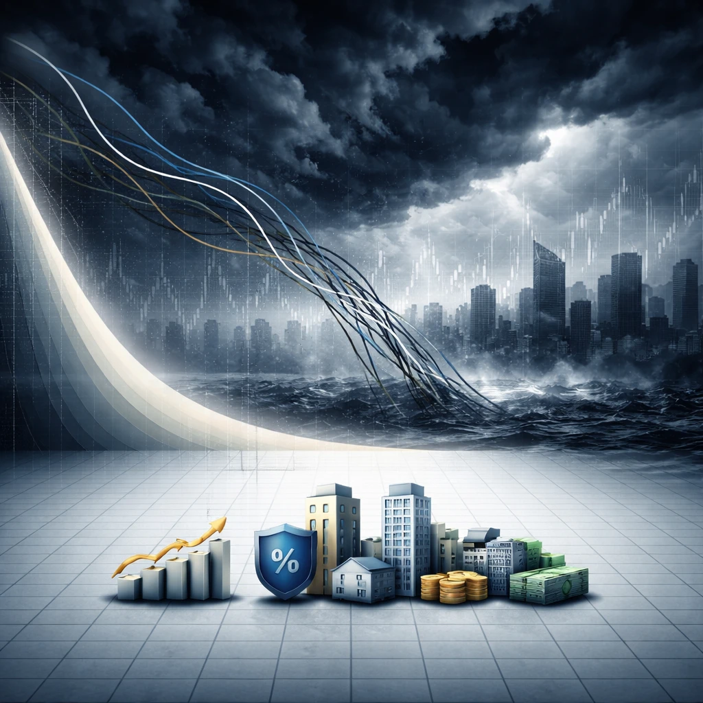 Illustration of a fat-tailed return distribution overshadowing a diversified portfolio during a market shock.