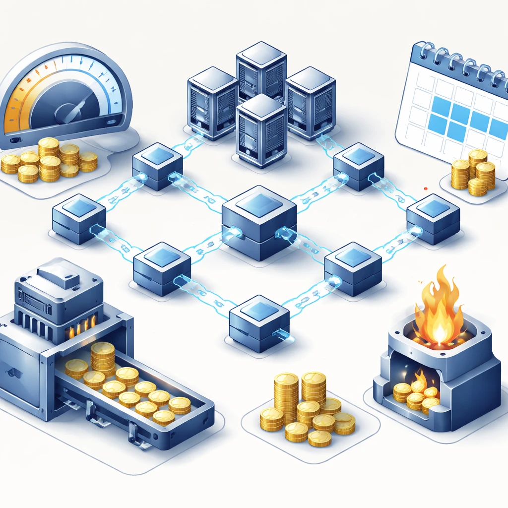 Isometric visualization of token issuance, burns, and unlocks on a blockchain network