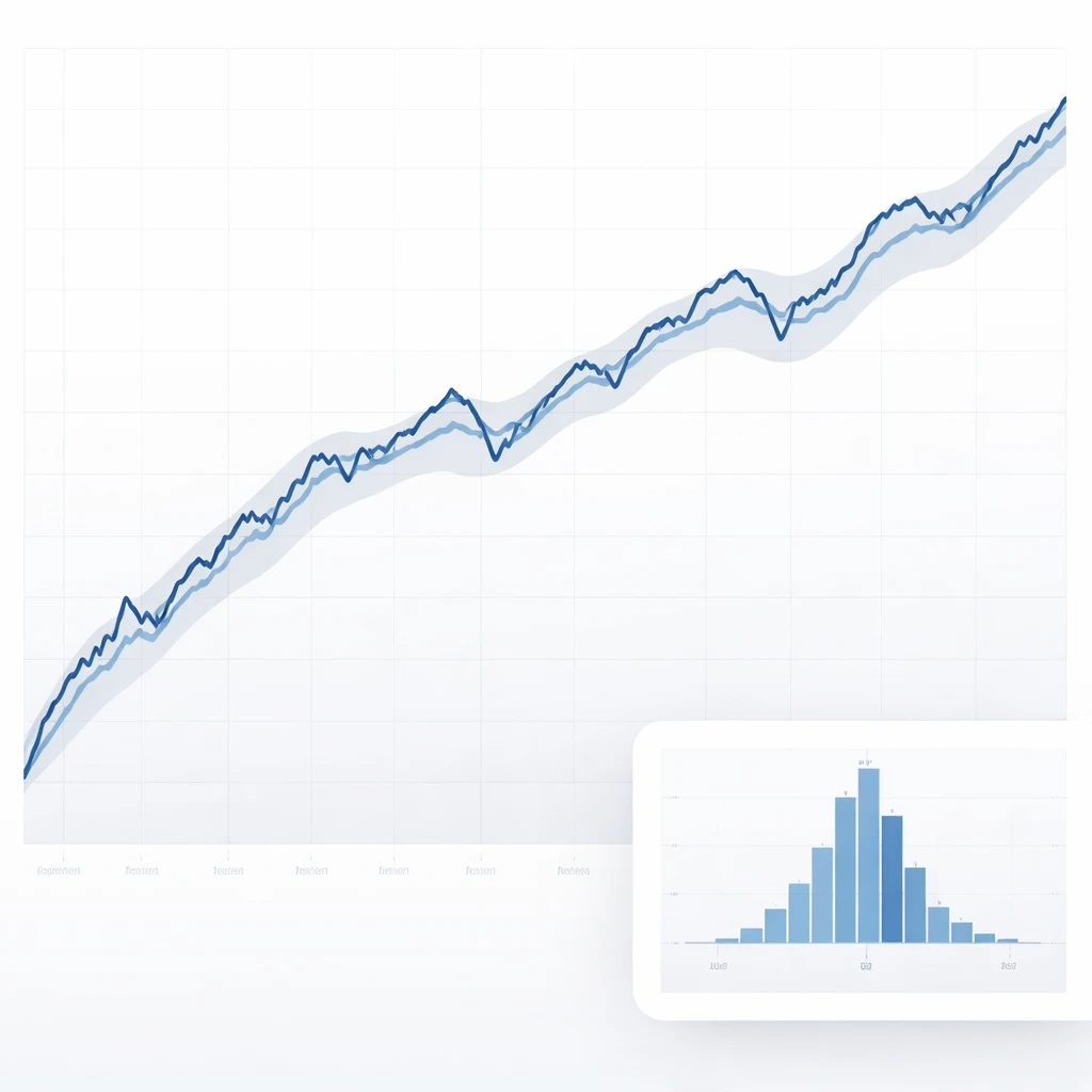 Line chart of an ETF NAV closely tracking its benchmark with small deviations and a small histogram of return differences.