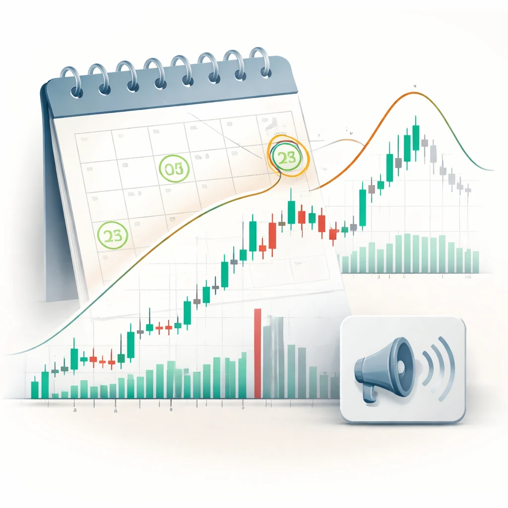 Abstract visualization of an earnings event with a calendar, a gapping candlestick chart, elevated volume bars, and a volatility curve.