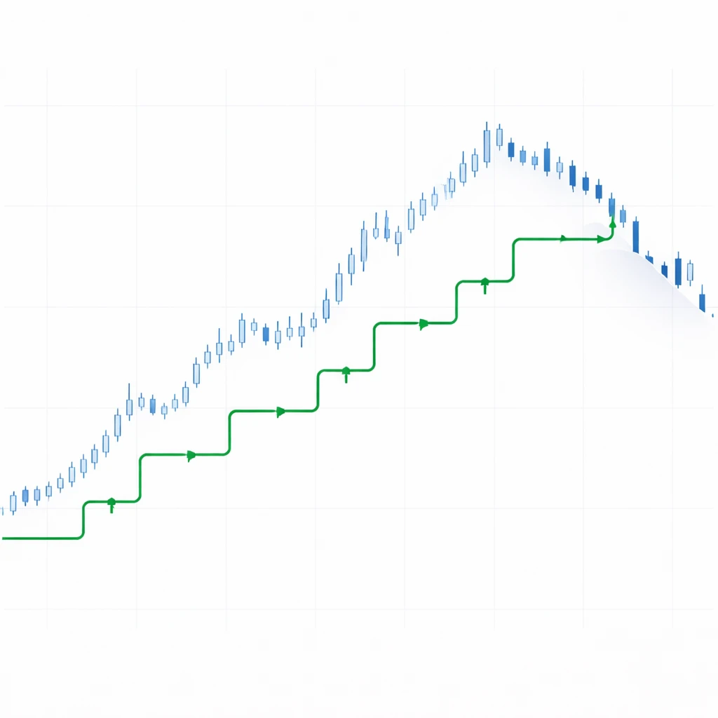 Uptrend price chart with a stepped trailing stop line ratcheting upward and then holding flat during a pullback.