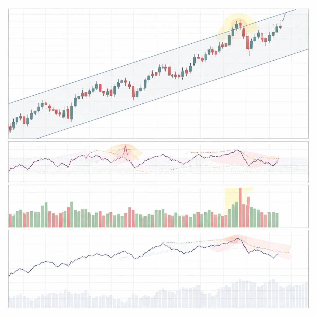 Candlestick chart showing an uptrend throw-over with long upper wick, momentum divergence, and a volume spike indicating potential trend exhaustion.
