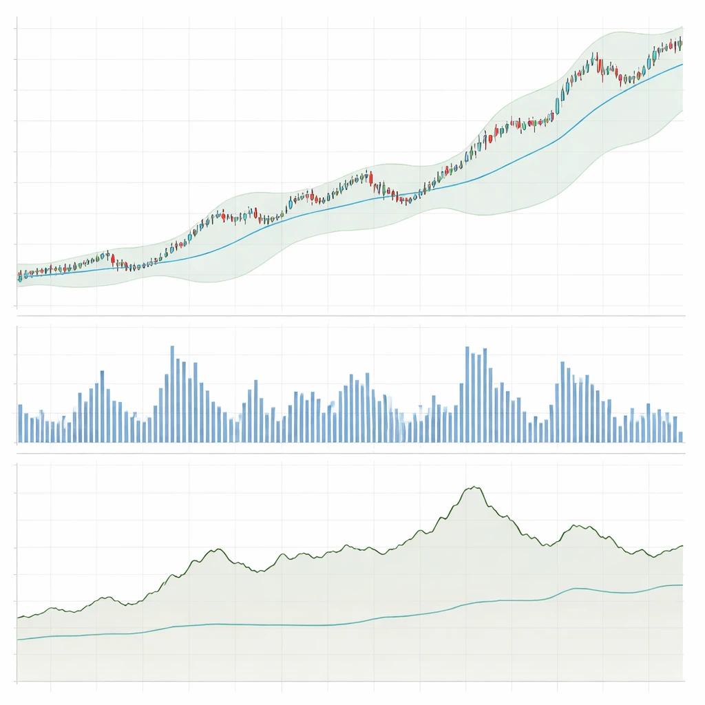 Price chart with an upward trend, expanding and contracting volatility bands, and a subpanel showing realized volatility and position size adjustments.