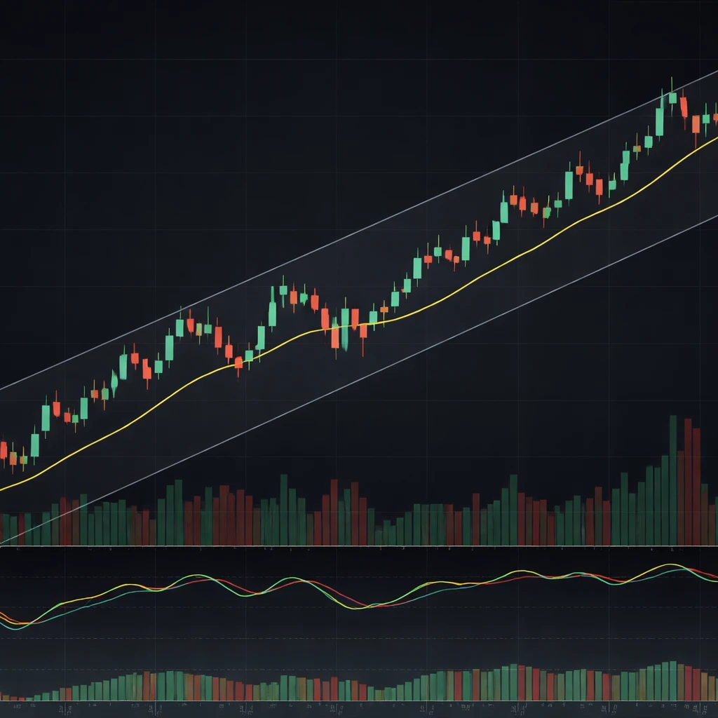 Candlestick chart illustrating a rising trend with shallow pullbacks, aligned moving averages, and supportive momentum.