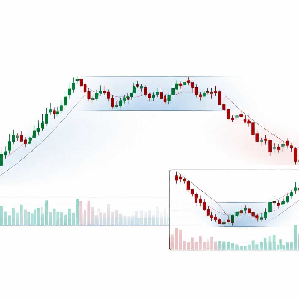 A price chart moving from uptrend to range to downtrend with distinct swing points and changing volatility, plus a small inset of an intraday transition.