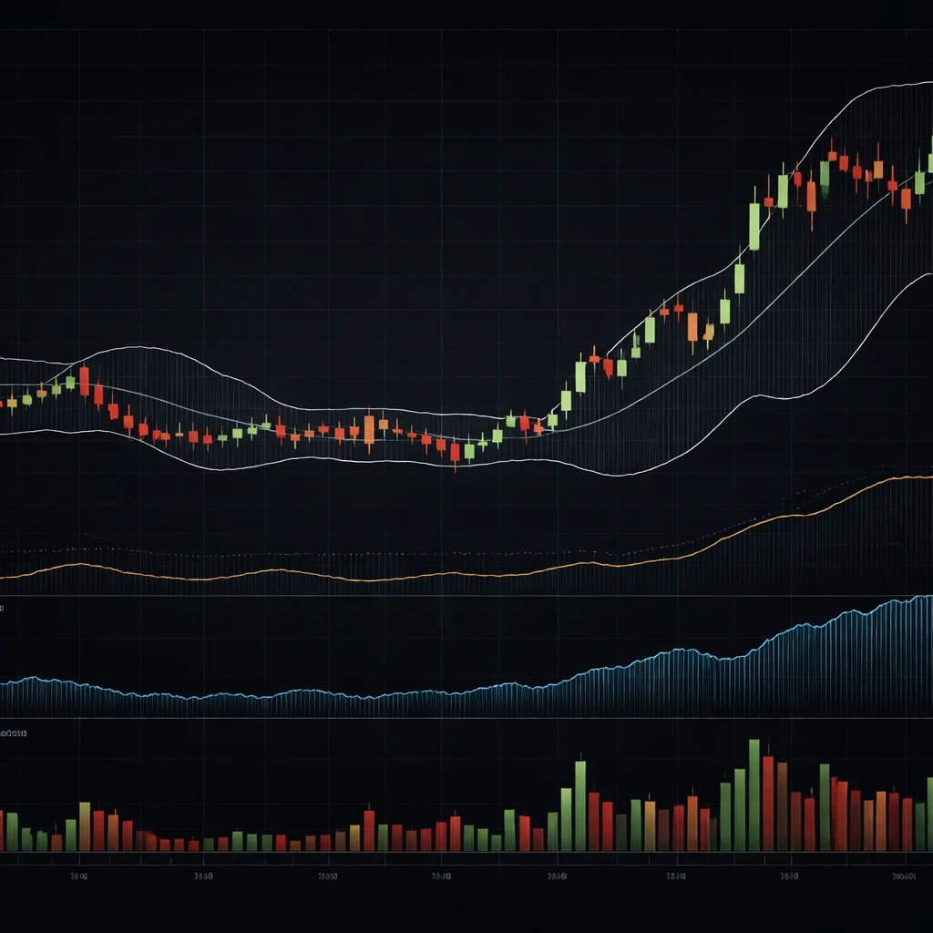 Candlestick chart with expanding Bollinger Bands, rising ATR, and a volume spike illustrating a shift from low to high volatility.