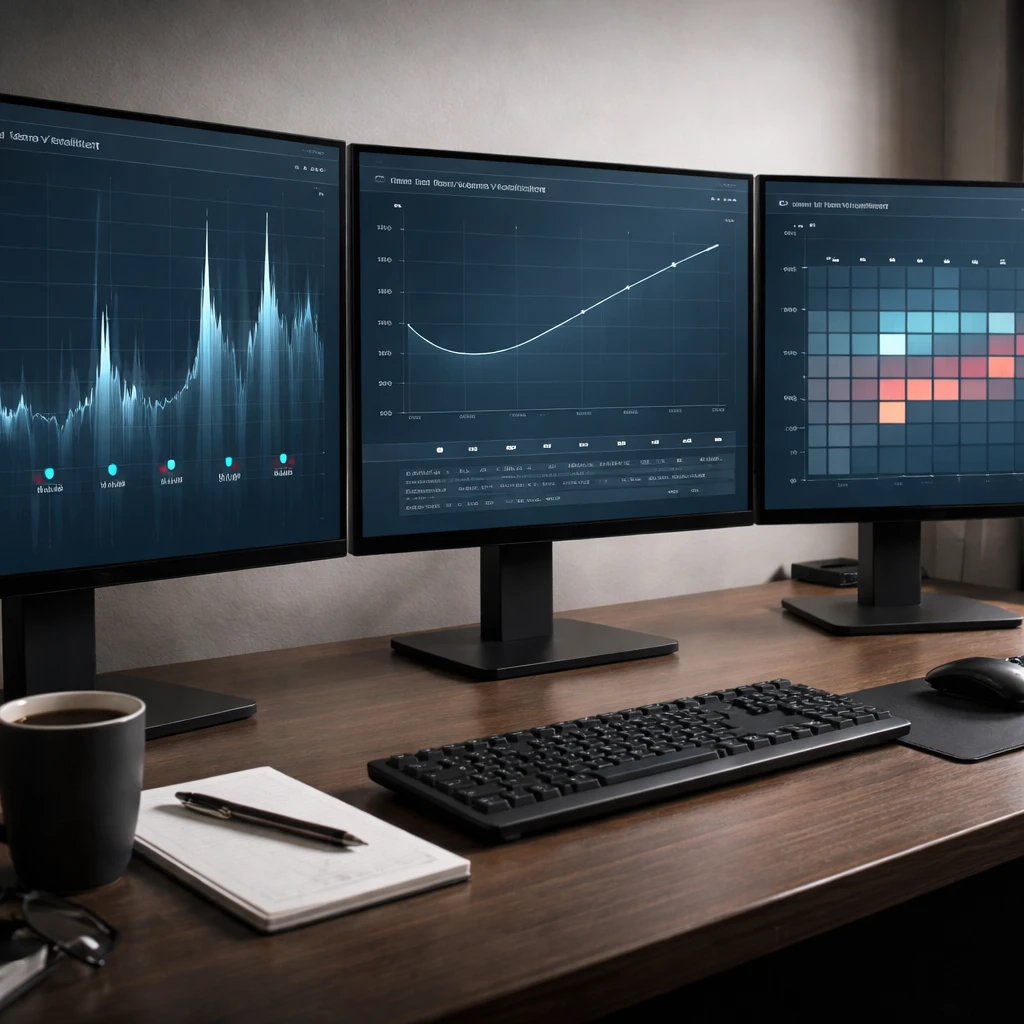 Professional trading desk visualizing volatility spikes around scheduled events with term structure and heatmap displays, without any text on screens.